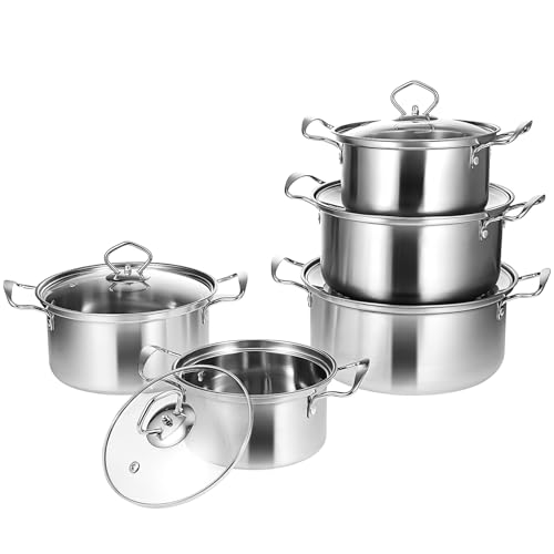 Zerodeko 5er-Set Edelstahltöpfe, Suppentöpfe, Kochgeschirr-Set mit Glasdeckeln, Induktionsgeeignet, Silber, 10-teilig von Zerodeko