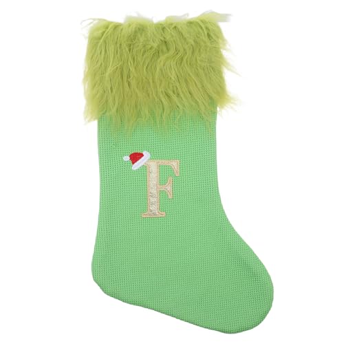 Zerodeko Gestrickter Weihnachtsstrumpf – Großer hängender grüner Weihnachtsstrumpf mit Buchstabe F-Stickerei – Gestrickter dekorativer Weihnachtssockenbeutel mit Plüschbesatz von Zerodeko