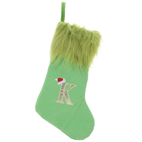 Zerodeko Gestrickter Weihnachtsstrumpf – Großer hängender grüner Weihnachtsstrumpf mit Buchstabe-K-Stickerei – Gestrickter dekorativer Weihnachtssockenbeutel mit Plüschbesatz von Zerodeko