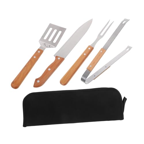 Zerodeko Grillbesteck mit Holzgriff Tragbares BBQ Grillwerkzeug mit Fleischgabel Spatel Zange und Cutter Outdoor Barbecue Utensilien für Camping Picknick und Gartenfeiern von Zerodeko