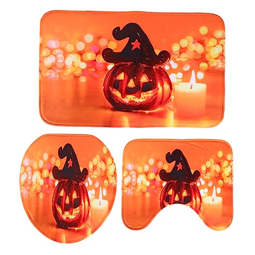 Zerodeko Halloween Kürbis Badezimmerteppich Set Teilig rutschfeste Badematte mit Toilettendeckelbezug Weicher Saugfähiger Badvorleger für Bad Dekoration von Zerodeko