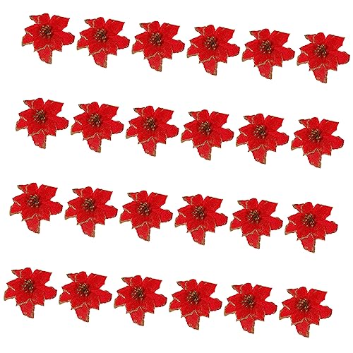 Zerodeko STK Weihnachtsblume blaues Seidenglitzer Weihnachtsstern Blumenornament künstliche blüten Artificial simulierte Blumendekore dekorative Kunstblumen Goldpulver rot von Zerodeko