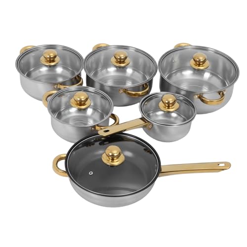Zerodeko Teiliges Edelstahl kochgeschirr set mit Goldfarbenen Griffen Suppentopf Milchtopf Bratpfanne Induktionsgeeignet Vielseitig Einsetzbar für Tägliches Kochen Gleichmäßige von Zerodeko