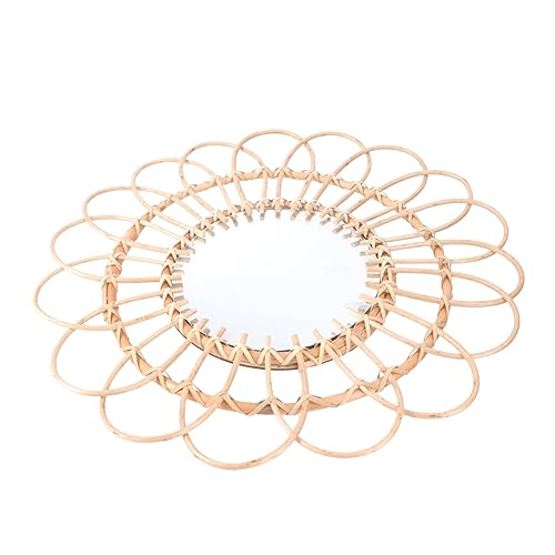 Zerodeko Wohnkultur 1stk Rattan-Spiegel Handgefertigter Rattanspiegel Hängender Schminkspiegel Runder Korbspiegel Khaki Rattan verzierung Friseur Spiegel Boho Der Kreis Wandschmuck Hölzern von Zerodeko