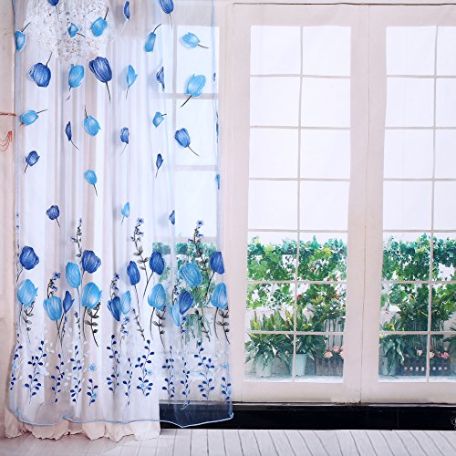 Gardinen, bunter Tulpen-Druck, durchsichtiger, drapierter Tüll, Vorhänge für Balkon, Wohnzimmer, Schlafzimmer, Küche, Dekorationen, 100 x 200 cm, Polyester, blau, 100_x_200_cm von Zerodis