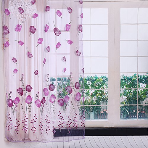 Gardinen, bunter Tulpen-Druck, durchsichtiger, drapierter Tüll, Vorhänge für Balkon, Wohnzimmer, Schlafzimmer, Küche, Dekorationen, 100 x 200 cm, Polyester, violett, 100_x_200_cm von Zerodis