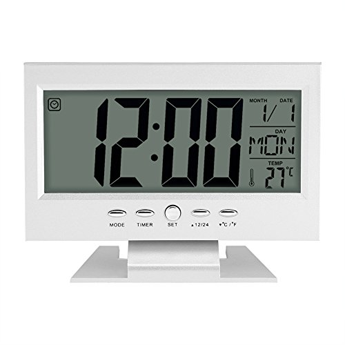 LCD Display Digital Sound Sensor Tisch Schreibtisch Wecker mit Smart Nachtlicht und Snooze Zeit/Datum/Temperaturanzeige(Silber) von Zerodis