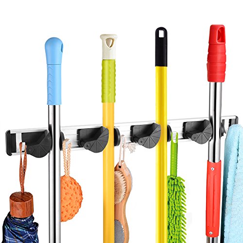 Zerodis Mopp und Besen Halter Wand montiert Rack Kleiderbügel Kehrbürste Organizer mit für Schrank Rechen Garten Sportgeräte Garage Lagerung für Regale(4 Position 5 Hooks) von Zerodis