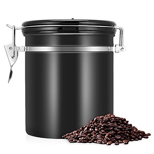 Zerodis 1.5L Kaffeedose Luftdicht Edelstahl mit Deckel und Aromaverschluss Kaffeebohne Behälter für Kaffeebohnen Kaffeepulver Tee Kakao Nahrungsmittel(Schwarz) von Zerodis