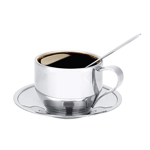 Zerodis Kaffeetassen Set Edelstahl Doppelwandig Isoliert Kaffeebecher Europäische Espresso Latte Cappuccino Milchbecher mit Untertasse Löffel von Zerodis
