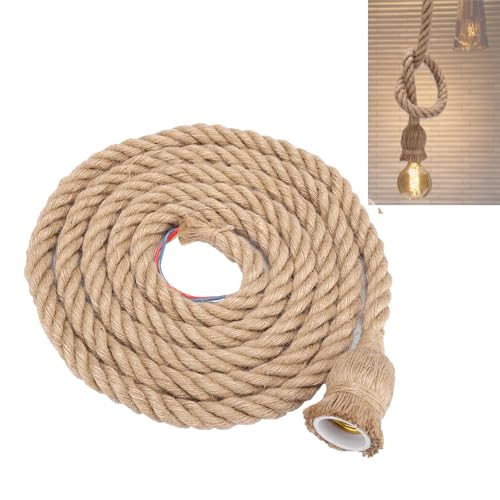 Zerodis Pendelleuchte Seil, 2m Vintage hängende Laterne Kabel mit E27 Birnenbasis Hanf Seil Material Land Vintage Industrial für DIY ländlichen Stil Home Decoration(1 Head) von Zerodis