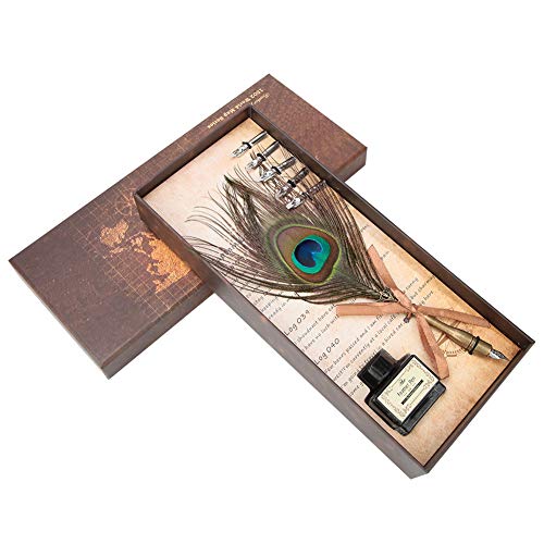 Zerodis Stiftdiph Quill mit 5 Nibs - Retro und Elegante Kalligraphie Pfauenfeder Dip Stift Schreibtinte Set für Ein Präzises Schreibinstrument von Zerodis