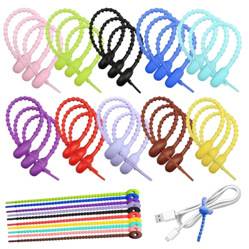 30 Stück Silikon Kabelbinder, 215 mm Kabelbinder Wiederverschließbar, Mehrzweck Silikon Krawatten für Kabelmanagement und Organisieren, Lebensmittelretter, Brot Krawatte (Bunt) von Zerquell