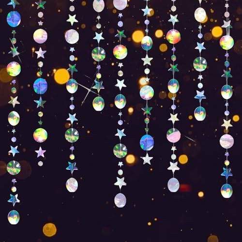 Zerquell 52 Ft Bunt Glitzer Rund und Stern Garland, 4 Stücke Hängenden Papier Girlande Holographisch Regenbogen, Papier Girlande für Geburtstag DIY, Hochzeit, Weihnachten, Party Deko(4M x 4) von Zerquell