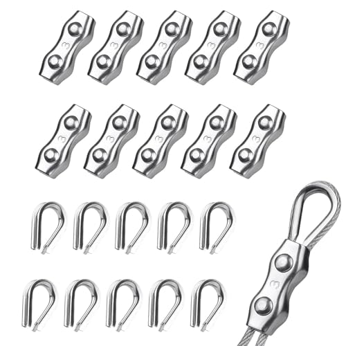 10 Stück Seilklemmen 3mm und 10 Stück Kauschen, Seilklemme, Drahtseilklemme 3mm, Drahtseilklemmen, Edelstahl Drahtseilklemme für Stahlseil Drahtseil Wäscheleine Markise Fixiert von ZesNxj