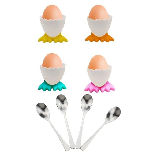 ZesNxj 4 Stück Mehrfarbige Eierbecher Lustig + 4 Stück Eierlöffel Edelstahl Poliert, Eierbecher Plastik für Küche und Esstisch, Ideal für Erwachsene und Kinder von ZesNxj