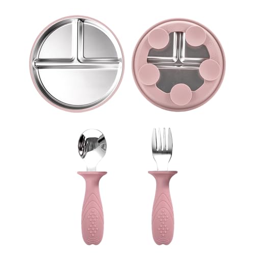 ZesNxj Kinderteller mit Saugnapf, Edelstahl Teller Baby Set mit Rutschfester Silikon Hülle, 1 Teller + 1 Löffel + 1 Gabel, Ideal für Kinder und Kleinkinder, Spülmaschinengeeignet ZesNxj Kinderteller mit Saugnapf, Edelstahl Teller Baby Set mit Rutschfester Silikon Hülle, 1 Teller + 1 Löffel + 1 Gabel, Ideal für Kinder und Kleinkinder, Spülmaschinengeeignet von ZesNxj