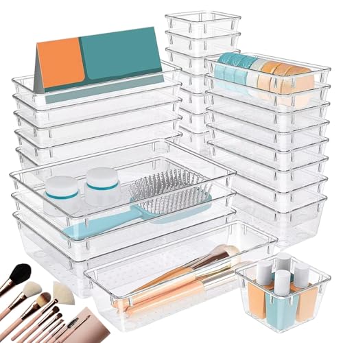 Schubladen-Organizer – Set aus transparenten Kunststoff-Aufbewahrungsbehältern | 25 Stück sortierte Größen Repeater mit stapelbarem Design, Mehrzweckbehälter für die Organisation von Kommoden Schubladen-Organizer – Set aus transparenten Kunststoff-Aufbewahrungsbehältern | 25 Stück sortierte Größen Repeater mit stapelbarem Design, Mehrzweckbehälter für die Organisation von Kommoden von Zestivra