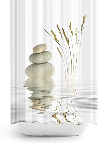 Duschvorhang Zen Digitaldruck Modern Design Polyester Stoff Wasserdicht Waschbar Schimmel und Mehltau beständig mit Haken enthalten (Stone and Reed) (180x200 cm) von Zethome