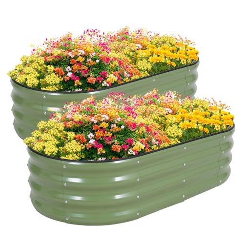 Zettfuly Galvanisiertes Hochbeet Kit - 120 x 60 x 30cm Outdoor Metall Pflanzkasten mit Sicherheitsrand und Handschuhe für Gemüse, Obst, Blumen, Kräuter (Oliver Grün, 2PCS) von Zettfuly