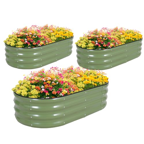 Zettfuly Galvanisiertes Hochbeet Kit - 120 x 60 x 30cm Outdoor Metall Pflanzkasten mit Sicherheitsrand und Handschuhe für Gemüse, Obst, Blumen, Kräuter (Oliver Grün, 3PCS) von Zettfuly