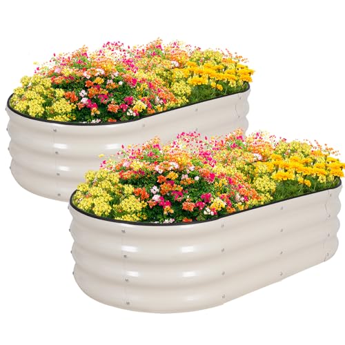 Zettfuly Galvanisiertes Hochbeet Kit - 120 x 60 x 30cm Outdoor Metall Pflanzkasten mit Sicherheitsrand und Handschuhe für Gemüse, Obst, Blumen, Kräuter (Weiß, 2PCS) von Zettfuly