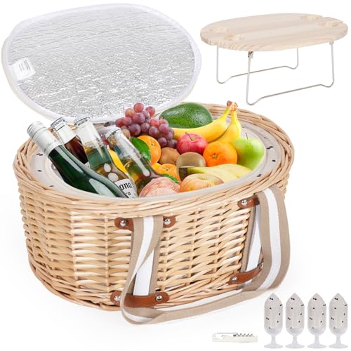 Zettfuly Picknickkorb-Set für 4 Personen – Isolierter Weidenkorb mit klappbarem Weintisch, Picknickset mit Innenfutter für Paare, Camping, Outdoor, Valentinstag (Kirsche) von Zettfuly