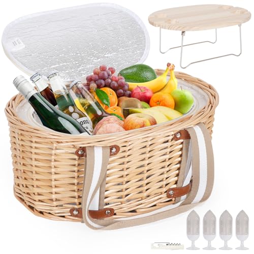 Zettfuly Picknickkorb-Set für 4 Personen – Isolierter Weidenkorb mit klappbarem Weintisch, Picknickset mit Innenfutter für Paare, Camping, Outdoor, Valentinstag (Weiße Blume) von Zettfuly