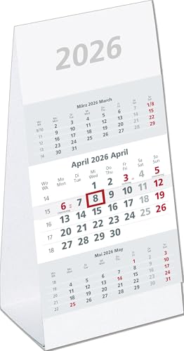 Zettler 3-Monats-Aufstellkalender 2026 – Tischkalender 11 × 21 cm, 3 Monate auf 1 Blatt mit Datumsschieber, Wochenzählung, Kopftafel & Fußleiste, Jahresübersicht, Ferien, 2-sprachig von Zettler