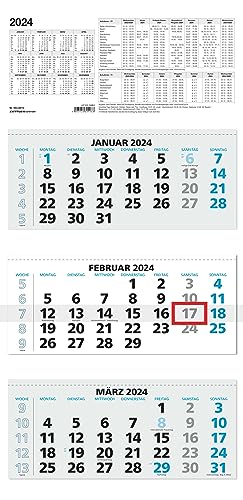 3-Monatskalender 2024 - 33,5x71 blau - mit Kopftafel - Datumsschieber - 5 sprachig - 3 Blöcke - 953-0015 von Zettler