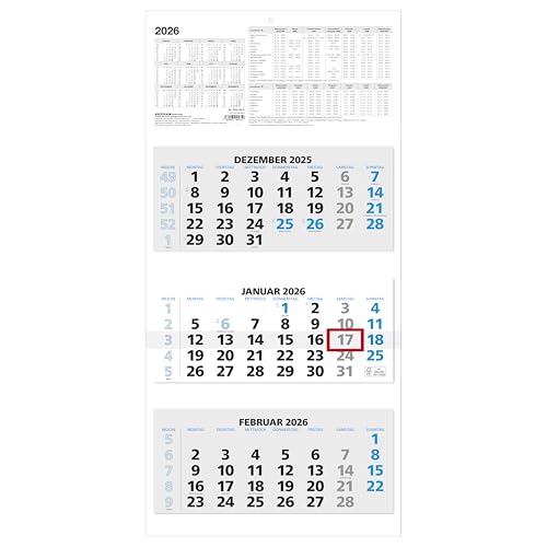 Zettler 3-Monatskalender blau 2026 – Wandkalender 32 × 70 cm, 3 Blöcke à 12 Blatt, 1 Monat pro Blatt, mit Datumschieber, Wochenzählung, Jahresübersicht, Kopftafel 16 cm, Fußleiste 3,5 cm, FSC von Zettler