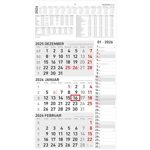 3-Monatskalender Kombi 2026 - Büro-Kalender 33x45 cm (geöffnet) mit Datumsschieber - Zettler - 957-0011 von Zettler