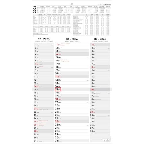 3-Monatskalender Streifenplaner 2026 - Büro-Kalender 33x58,8 cm (geöffnet) - mit Datumsschieber - Zettler - 955-0011 von Zettler