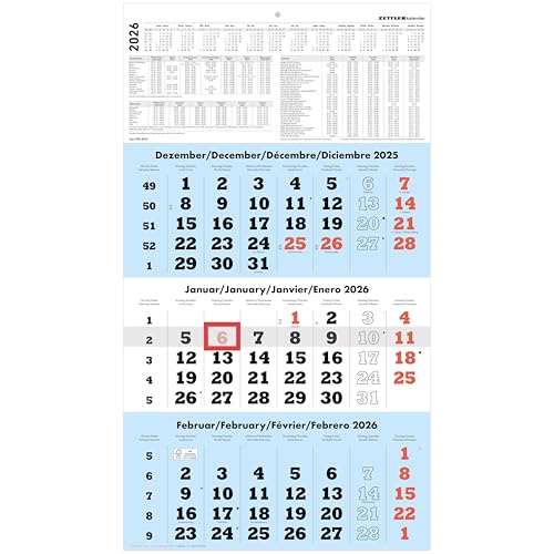 3-Monatskalender blau 2026-33x45 - mit Kopftafel - Datumsschieber - 958-0015 von Zettler