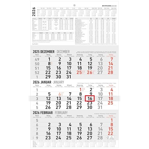 3-Monatskalender groß 2026 - Büro-Kalender 30x48,8 cm (geöffnet) - mit Datumsschieber - Zettler - 954-0011 von Zettler