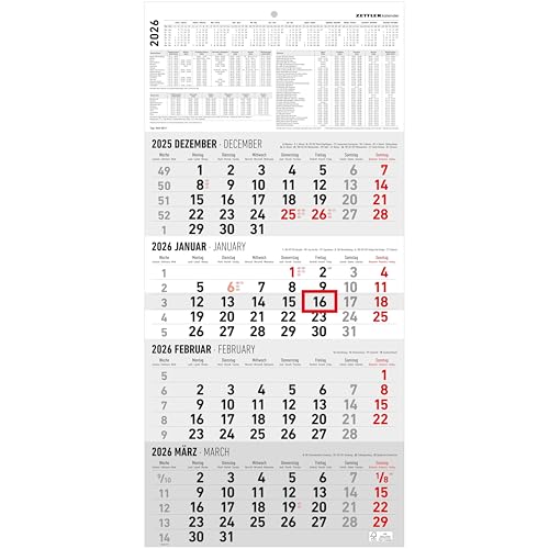 4-Monatskalender 2026 - Büro-Kalender 30x49 cm (geöffnet) - mit Datumsschieber - Zettler - 960-0011 von Zettler