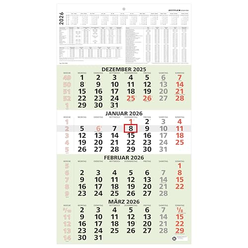4-Monatskalender Recycling 2026-33x45 cm - mit Kopftafel und Datumsschieber - Blauer Engel - Mehrmonatsplaner - 959-0700 von Zettler