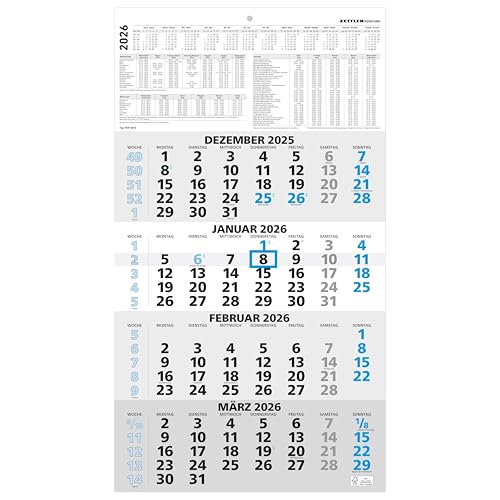 4-Monatskalender blau 2026-33x45 - mit Kopftafel - Datumsschieber - 959-0015-1 von Zettler