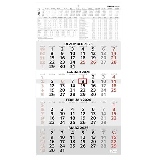 Zettler 4-Monatskalender rot 2026 – Wandkalender 33 × 59 cm mit Datumsschieber, 4 Monate pro Blatt, Kopftafel 15 cm, Wochenzählung, Jahresübersicht, Sonn- und Feiertage markiert, FSC von Zettler