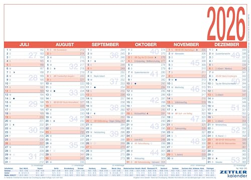 Zettler Arbeitstagekalender kaschiert A4 2026 – Bürokalender groß 29 × 21 cm, 6 Monate pro Seite, Arbeitstage-, Tages- & Wochenzähler, Ferienübersicht, Feiertage, robuster Wandkalender Pappe von Zettler