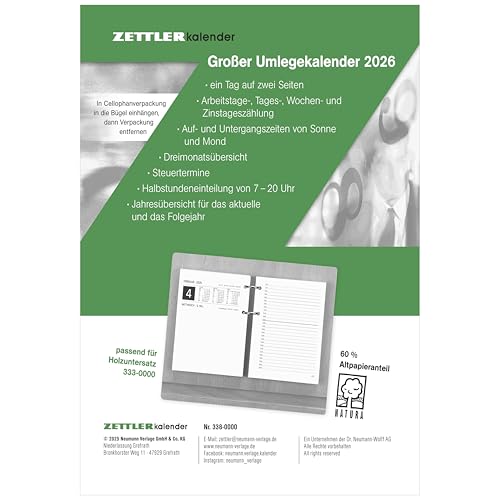 Großer Umleg-Kalender 2026-10,5x14,2 cm - 1 Tag auf 2 Seiten - zum Einheften - Bürokalender mit 2-fach Lochung - Stundeneinteilung von 7-20 Uhr - 338-0000 Großer Umleg-Kalender 2026-10,5x14,2 cm - 1 Tag auf 2 Seiten - zum Einheften - Bürokalender mit 2-fach Lochung - Stundeneinteilung von 7-20 Uhr - 338-0000 von Zettler