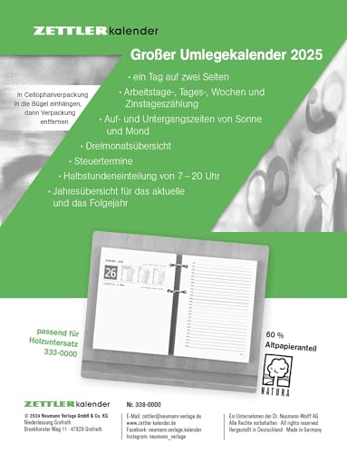 Großer Umlege-Kalender 2025 - 10,5x14,2 cm - 1 Tag auf 2 Seiten - zum Einheften - Bürokalender mit 2-fach Lochung - Stundeneinteilung von 7 - 20 Uhr - 338-0000 von Zettler