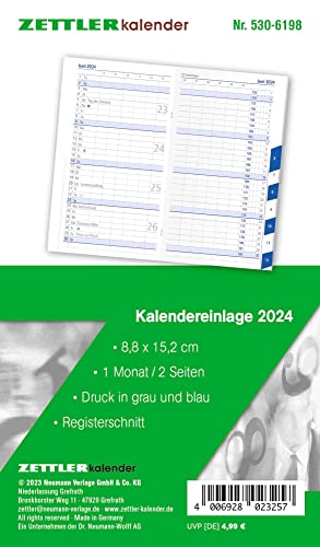 Kalender-Ersatzeinlage 2024 - für den Taschenplaner Typ 530 - 8,8x15,2 cm - 1 Monat auf 2 Seiten - Registerschnitt - separates Adressheft - Notizheft - 530-6198 von Zettler