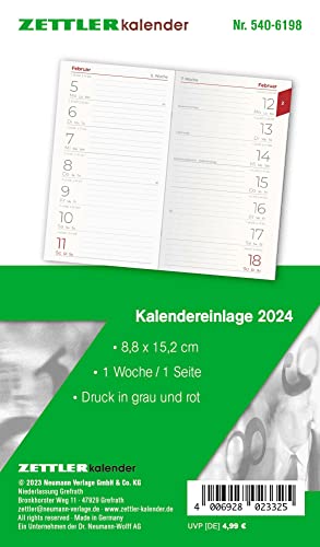 Kalender-Ersatzeinlage 2024 - für den Taschenplaner Typ 540 - 8,8x15,2 cm - 1 Woche auf 1 Seiten - separates Adressheft - faltbar - Notizheft - 520-6198 von Zettler