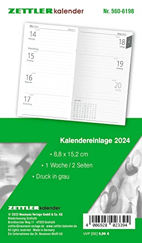 Kalender-Ersatzeinlage 2024 - für den Taschenplaner Typ 560 - 8,8x15,2 cm - 1 Woche auf 2 Seiten - separates Adressheft - Notizheft - 520-6198 von Zettler