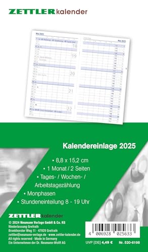 Kalender-Ersatzeinlage 2025 - für den Taschenplaner Typ 520 - 8,8x15,2 cm - 1 Monat auf 2 Seiten - separates Adressheft - faltbar - Notiz-Heft - 520-6198 von Zettler