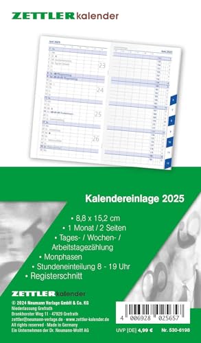 Kalender-Ersatzeinlage 2025 - für den Taschenplaner Typ 530 - 8,8x15,2 cm - 1 Monat auf 2 Seiten - Registerschnitt - separates Adressheft - Notizheft - 530-6198 von Zettler