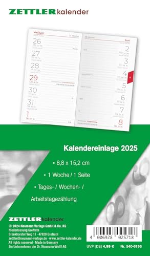 Kalender-Ersatzeinlage 2025 - für den Taschenplaner Typ 540 - 8,8x15,2 cm - 1 Woche auf 1 Seiten - separates Adressheft - faltbar - Notizheft - 520-6198 von Zettler