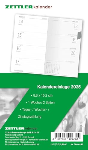 Kalender-Ersatzeinlage 2025 - für den Taschenplaner Typ 560 - 8,8x15,2 cm - 1 Woche auf 2 Seiten - separates Adressheft - Notizheft - 520-6198 von Zettler