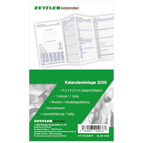 Kalender-Ersatzeinlage 2026 - für den Taschenplaner Leporello Typ 501-8,8 x 15,2 cm - 1 Monat auf 1 Seite - separates Adressheft - 501-6198 Kalender-Ersatzeinlage 2026 - für den Taschenplaner Leporello Typ 501-8,8 x 15,2 cm - 1 Monat auf 1 Seite - separates Adressheft - 501-6198 von Zettler